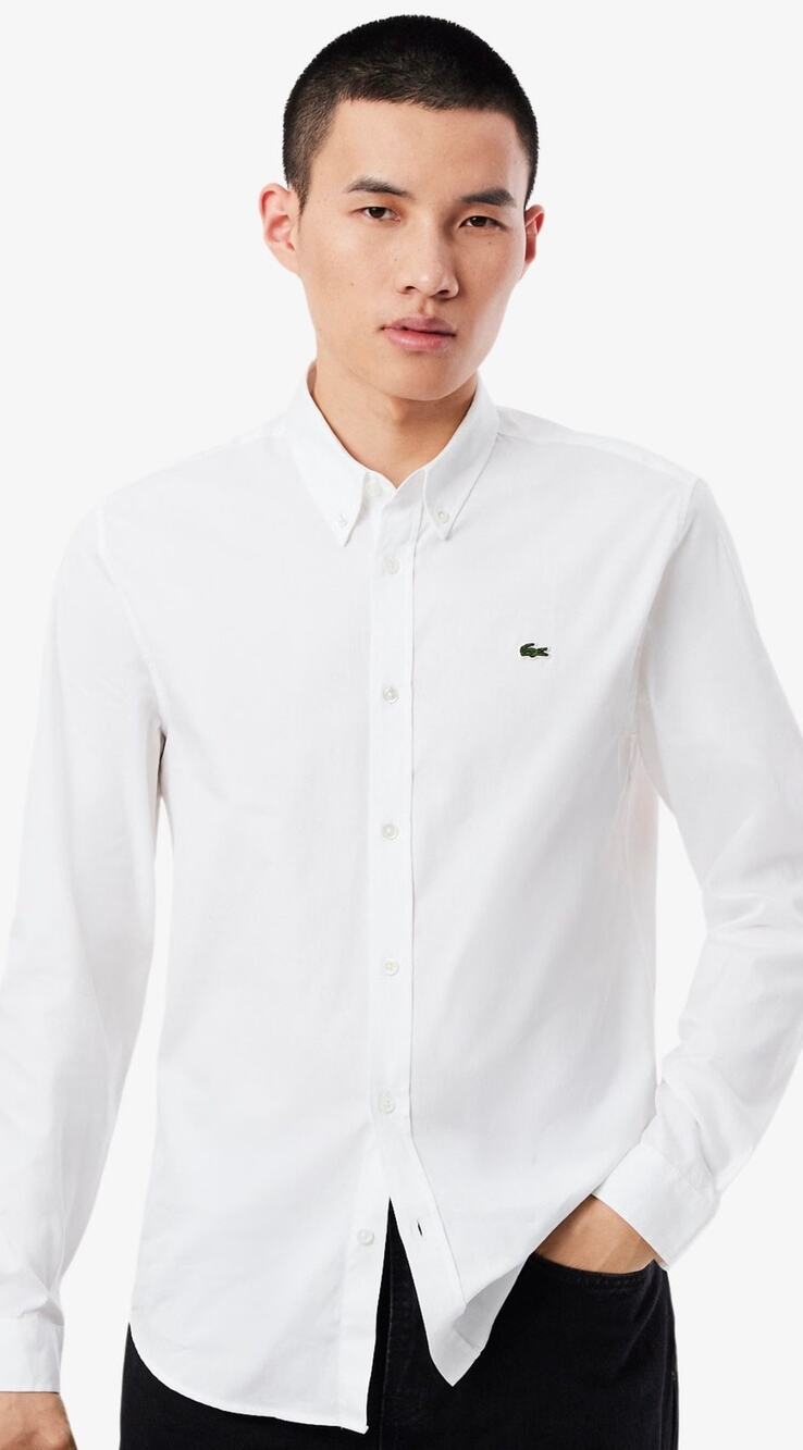 Lacoste Men 45 White Cotton Long Sleeve Button Up Shirt Crocodile Logo Preppy